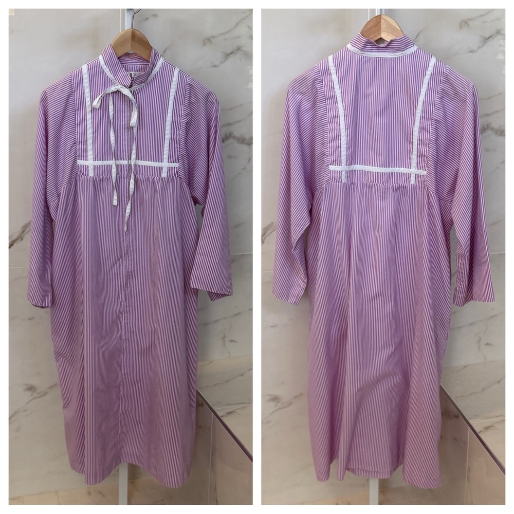 Vintage DAVID BROWN Purple White Striped House Dress Lounge Dress Size S